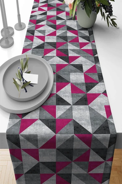 Fuşya Geometrik Desenli Premium Masa Örtüsü Runner RNR384 ürün görseli 1