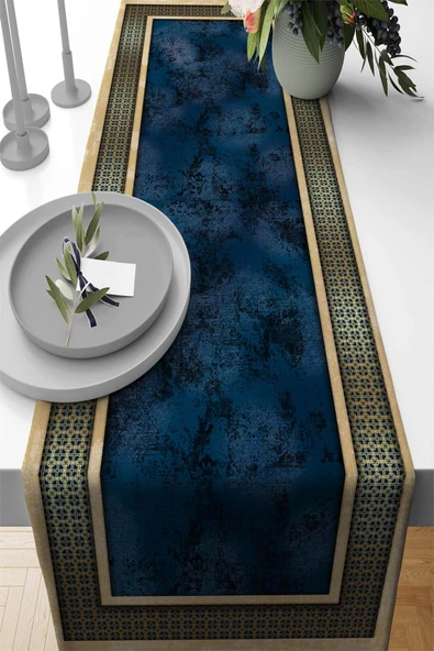 Lacivert Çerçeveli Desen Premium Masa Örtüsü Runner RNR394 ürün görseli 1