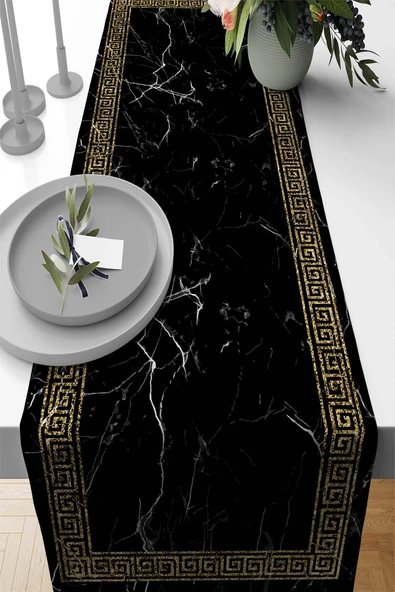 Siyah Çerçeveli Desen Premium Masa Örtüsü Runner RNR333 ürün görseli 1