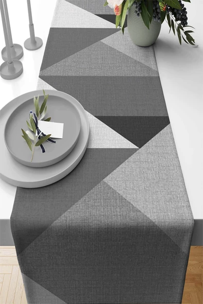 Gri Geometrik Desenli Premium Masa Örtüsü Runner RNR392 ürün görseli 1