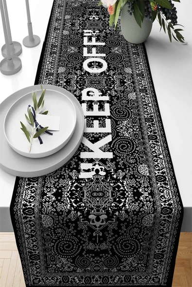 Siyah Keep Off Desenli Premium Masa Örtüsü Runner RNR453 ürün görseli 1