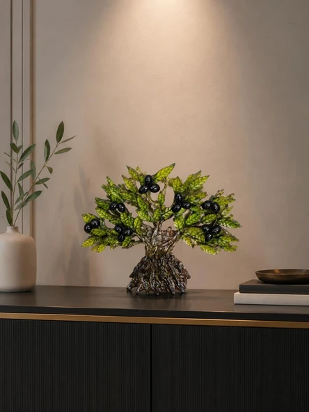 Dekoratif Zeytin Ağacı Biblo 21x26 cm Reçine El Yapımı Siyah Zeytinli Konsol Vitrin Ofis Masa Üstü Ev Dekoru ürün görseli 1