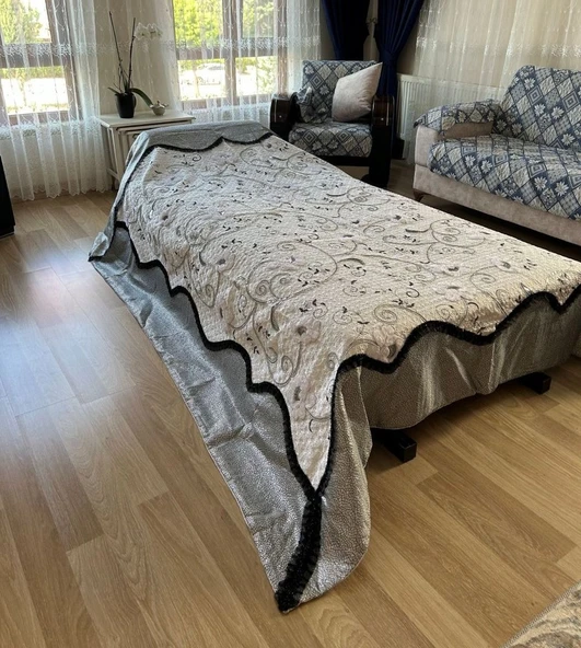 Farmlove Kırkyama pamuk saten pike yatakörtüsü çeyizlik elyapımı- Kurşun ürün görseli 1