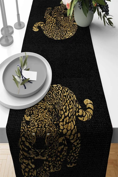 Siyah Leopar Desenli Premium Masa Örtüsü Runner RNR355 ürün görseli 1