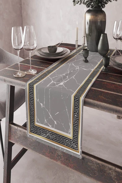 Gri Çerçeveli Desen Premium Masa Örtüsü Runner RNR328 ürün görseli 1