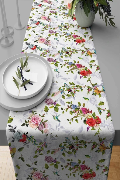 Yeşil Çiçekli Desen Premium Masa Örtüsü Runner RNR089 ürün görseli 1