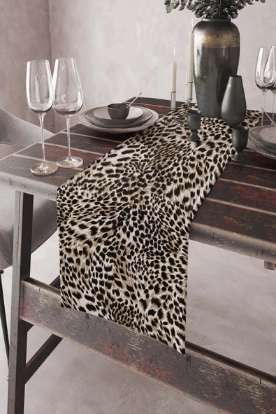 Bej Leoparlı Desen Premium Masa Örtüsü Runner RNR050 ürün görseli 1