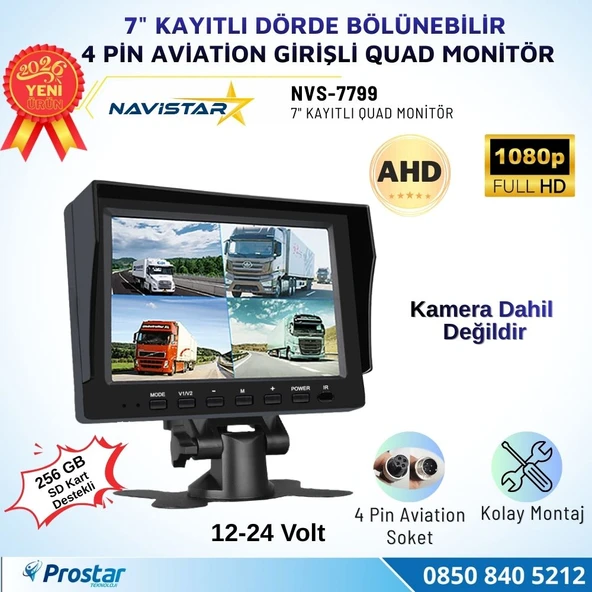7 inç Dörde Bölünebilir Kayıtlı Quad Monitör 4 Pin Aviation Girişli AHD 1080P/720P/CVBS Analog Pal Ntsc 256GB SD Kart Destekli ürün görseli 1