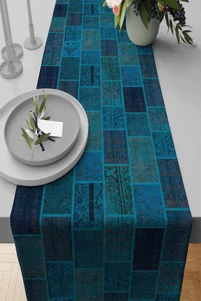 Turkuaz Patchwork Desenli Premium Masa Örtüsü Runner RNR294 ürün görseli 1