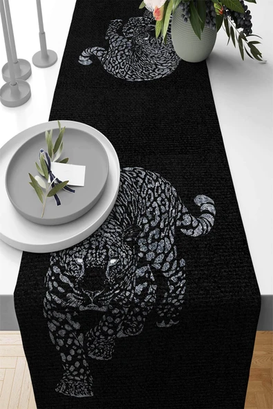 Siyah Leopar Desenli Premium Masa Örtüsü Runner RNR356 ürün görseli 1
