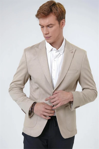 Bej Slim Fit Baskılı Sivri Yaka 6 Drop Ceket ürün görseli 1