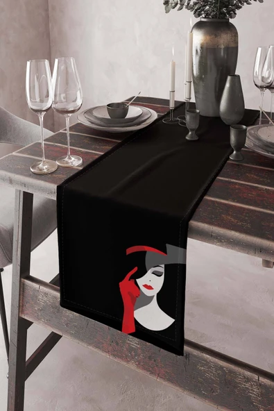 Siyah Yüzler Desen Premium Masa Örtüsü Runner RNR443 ürün görseli 1