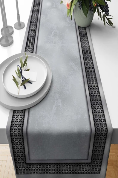 Gri Çerçeveli Desen Premium Masa Örtüsü Runner RNR397 ürün görseli 1