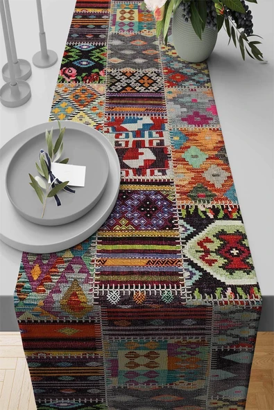 Çok Renkli Patchwork Premium Masa Örtüsü Runner RNR152 ürün görseli 1
