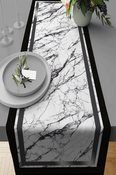 Silver Çerçeveli Desen Premium Masa Örtüsü Runner RNR244 ürün görseli 1