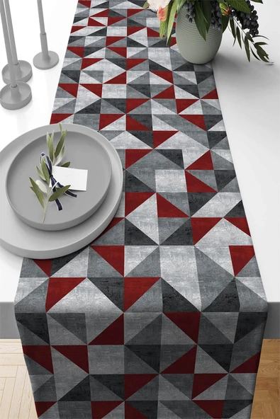 Bordo Geometrik Desenli Premium Masa Örtüsü Runner RNR383 ürün görseli 1