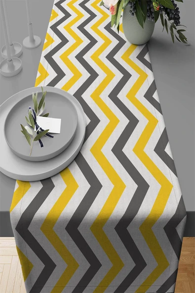 Sarı Zigzag Desenli Premium Masa Örtüsü Runner RNR137 ürün görseli 1