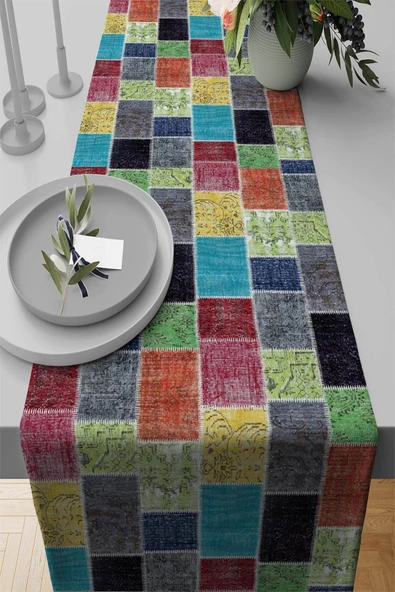 Çok Renkli Patchwork Premium Masa Örtüsü Runner RNR288 ürün görseli 1