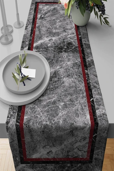 Bordo Çerçeveli Desen Premium Masa Örtüsü Runner RNR242 ürün görseli 1