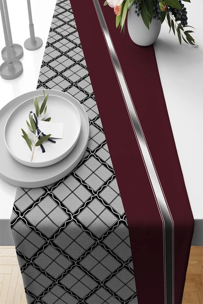Bordo Ekoseli Desen Premium Masa Örtüsü Runner RNR583 ürün görseli 1