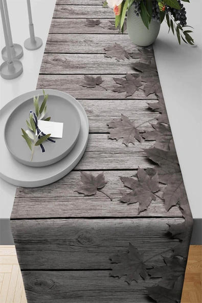 Gri Çınar 3D Desenli Premium Masa Örtüsü Runner RNR140 ürün görseli 1
