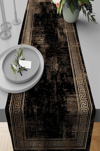 Siyah Çerçeveli Desen Premium Masa Örtüsü Runner RNR327 ürün görseli 1