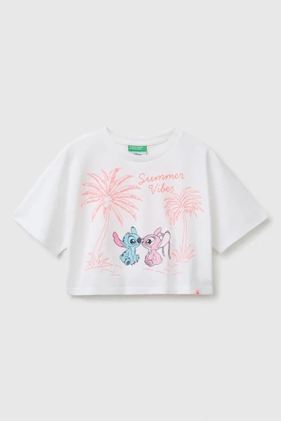 United Colors of Benetton Kız Çocuk Lilo & Stitch Baskı Detaylı Crop T-Shirt Beyaz 6-13 Yaş ürün görseli 1