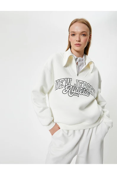 Şardonlu Kolej Sweatshirt Baskılı Yarım Fermuarlı Relax Fit İşlemeli Ribanalı ürün görseli 1