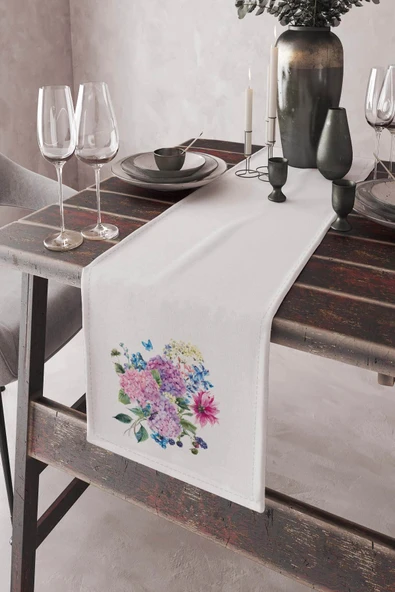 Beyaz Çiçek Desenli Premium Masa Örtüsü Runner RNR164 ürün görseli 1
