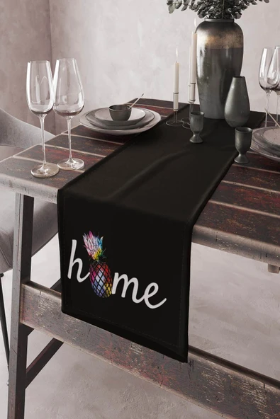 Siyah Mutfak Home Yazılı Premium Masa Örtüsü Runner RNR358 ürün görseli 1