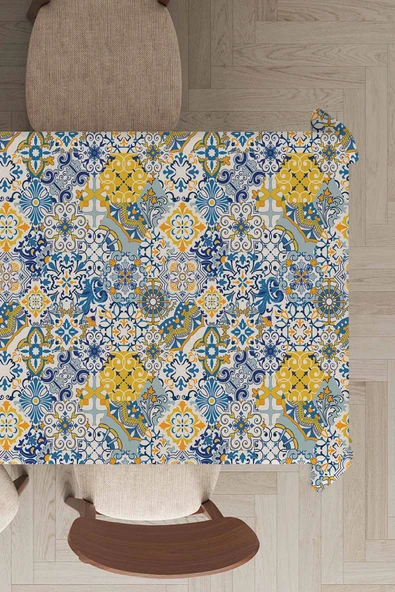 Mavi Çini Desenli Dokuma Leke Tutmaz Masa Örtüsü MSO046 ürün görseli 1