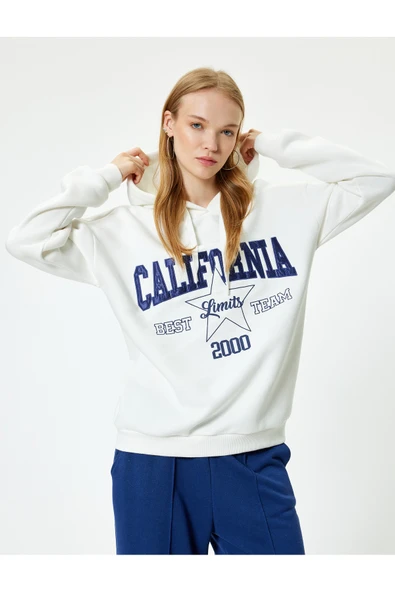 Oversize Kapüşonlu Sweatshirt Kolej İşlemeli Uzun Kollu Şardonlu ürün görseli 1