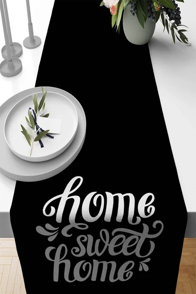 Siyah Home Sweet Home Premium Masa Örtüsü Runner RNR426 ürün görseli 1