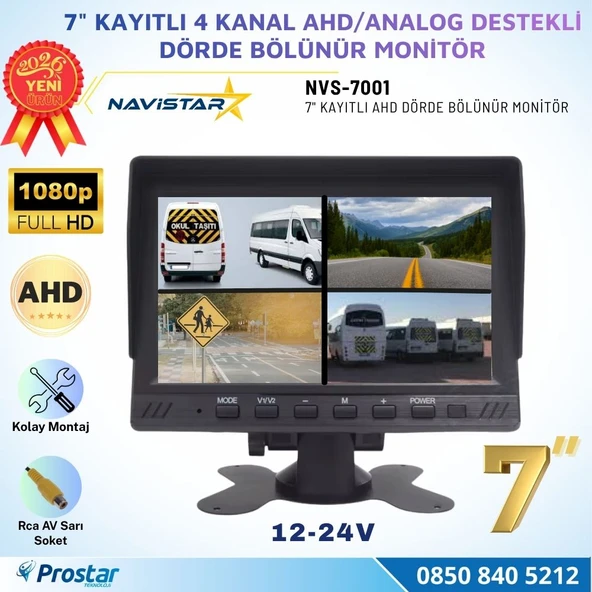 Kayıtlı 7 inç AHD Analog 4 Kanal Full HD Quad Araç Monitörü RCA Bağlantılı 12-24V ürün görseli 1