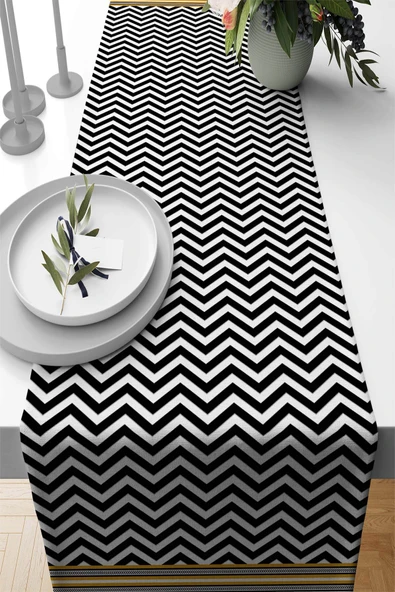 Siyah Zigzag Desenli Premium Masa Örtüsü Runner RNR433 ürün görseli 1