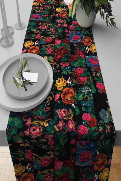 Siyah Patchwork Desenli Premium Masa Örtüsü Runner RNR290 ürün görseli 1
