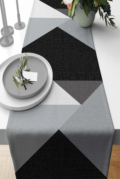 Siyah Geometrik Desenli Premium Masa Örtüsü Runner RNR347 ürün görseli 1