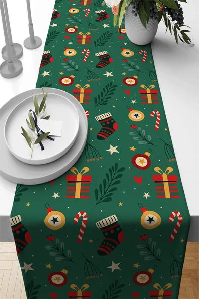 Yeşil Christmas Desenli Premium Masa Örtüsü Runner RNR542 ürün görseli 1