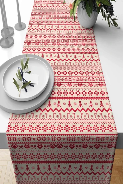 Kırmızı Christmas Desen Premium Masa Örtüsü Runner RNR564 ürün görseli 1