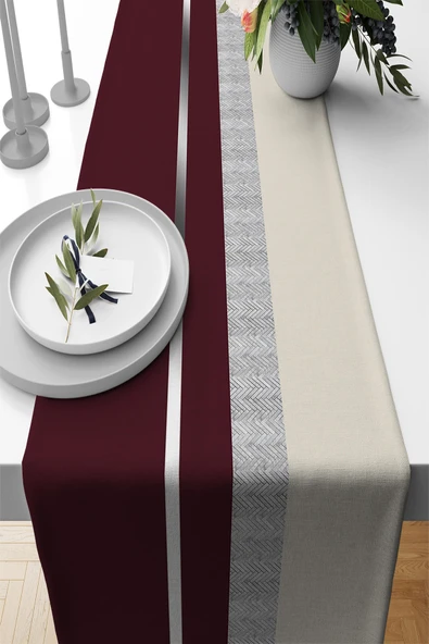 Bordo Avangarde Desenli Premium Masa Örtüsü Runner RNR571 ürün görseli 1
