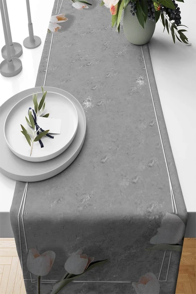 Gri Çiçek Desenli Premium Masa Örtüsü Runner RNR462 ürün görseli 1