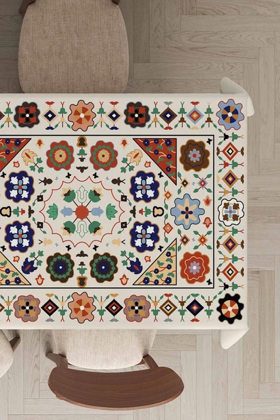 Krem Etnik Desenli Dokuma Leke Tutmaz Masa Örtüsü MSO357 ürün görseli 1
