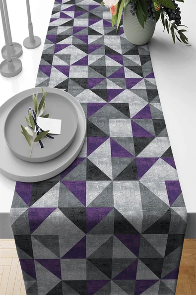 Mor Geometrik Desenli Premium Masa Örtüsü Runner RNR381 ürün görseli 1
