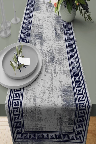 Lacivert Çerçeveli Desen Premium Masa Örtüsü Runner RNR326 ürün görseli 1