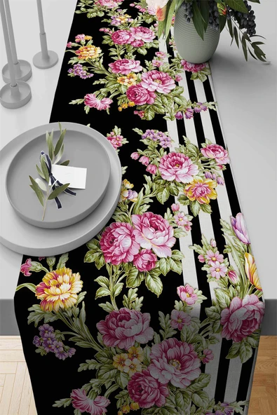 Pembe Çiçek Desenli Premium Masa Örtüsü Runner RNR159 ürün görseli 1