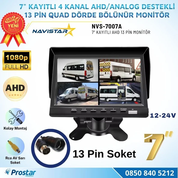 Kayıtlı 7 inç 4 Kanal 13 Pin IPS AHD 1080P 720P Analog 256 GB SD Destekli Quad Araç Monitörü 12-24V ürün görseli 1