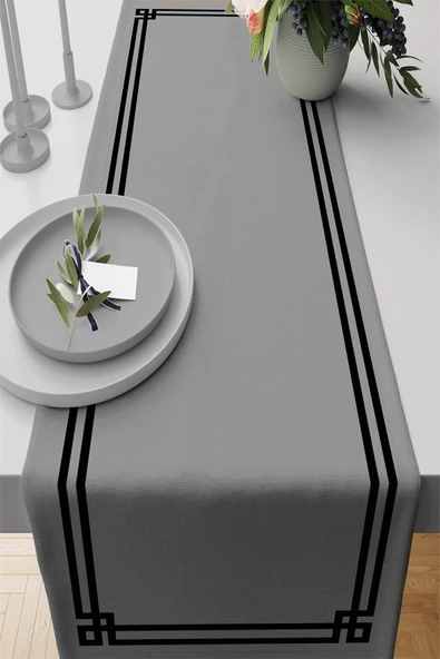 Gri Çerçeveli Desen Premium Masa Örtüsü Runner RNR279 ürün görseli 1