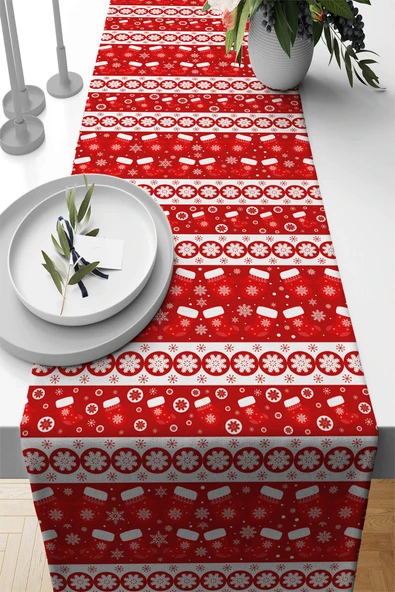 Kırmızı Christmas Desen Premium Masa Örtüsü Runner RNR555 ürün görseli 1