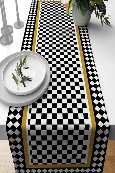 Siyah Çerçeveli Desen Premium Masa Örtüsü Runner RNR073 ürün görseli 1