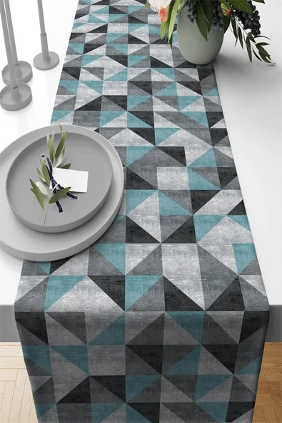 Turkuaz Geometrik Desenli Premium Masa Örtüsü Runner RNR379 ürün görseli 1